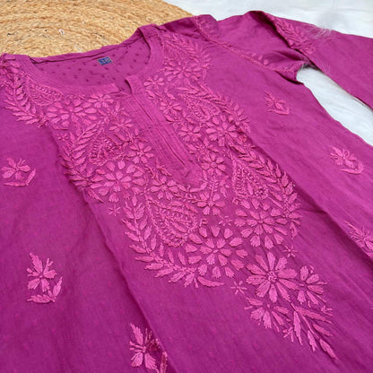 Vani Dobby Cotton Chikankari Kurti - Light Wine Colour