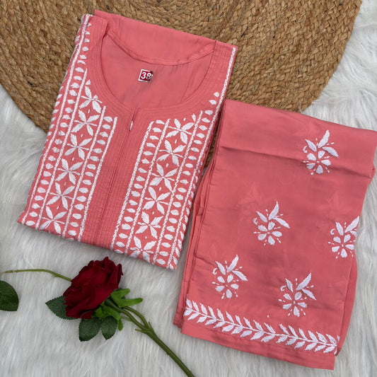 Afana Silk Chikankari Kurti Plazo set Gazri Colour