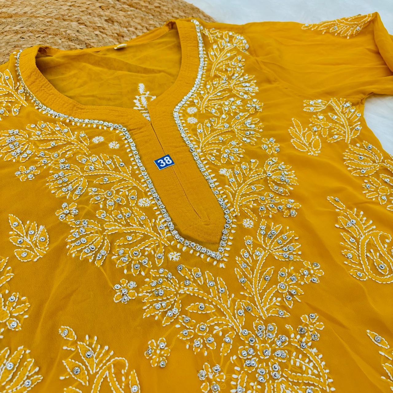 Stone Work Georgette Chikankari Kurti -Mustard Colour