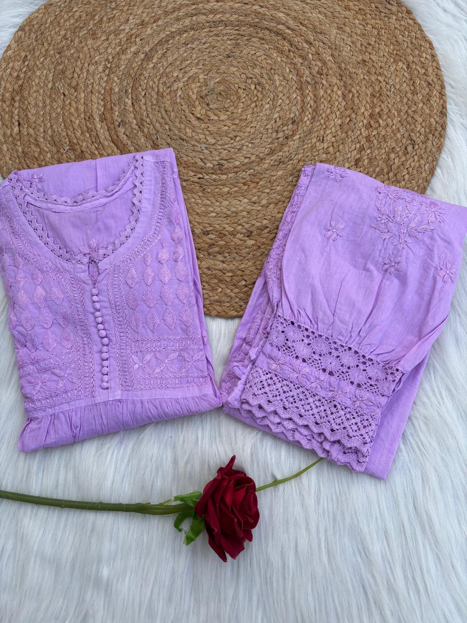 Laila Dobby Cotton Frock Style Short Kurti with Afghani Pant - Purple Color