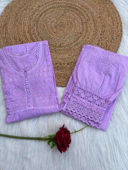 Laila Dobby Cotton Frock Style Short Kurti with Afghani Pant - Purple Color