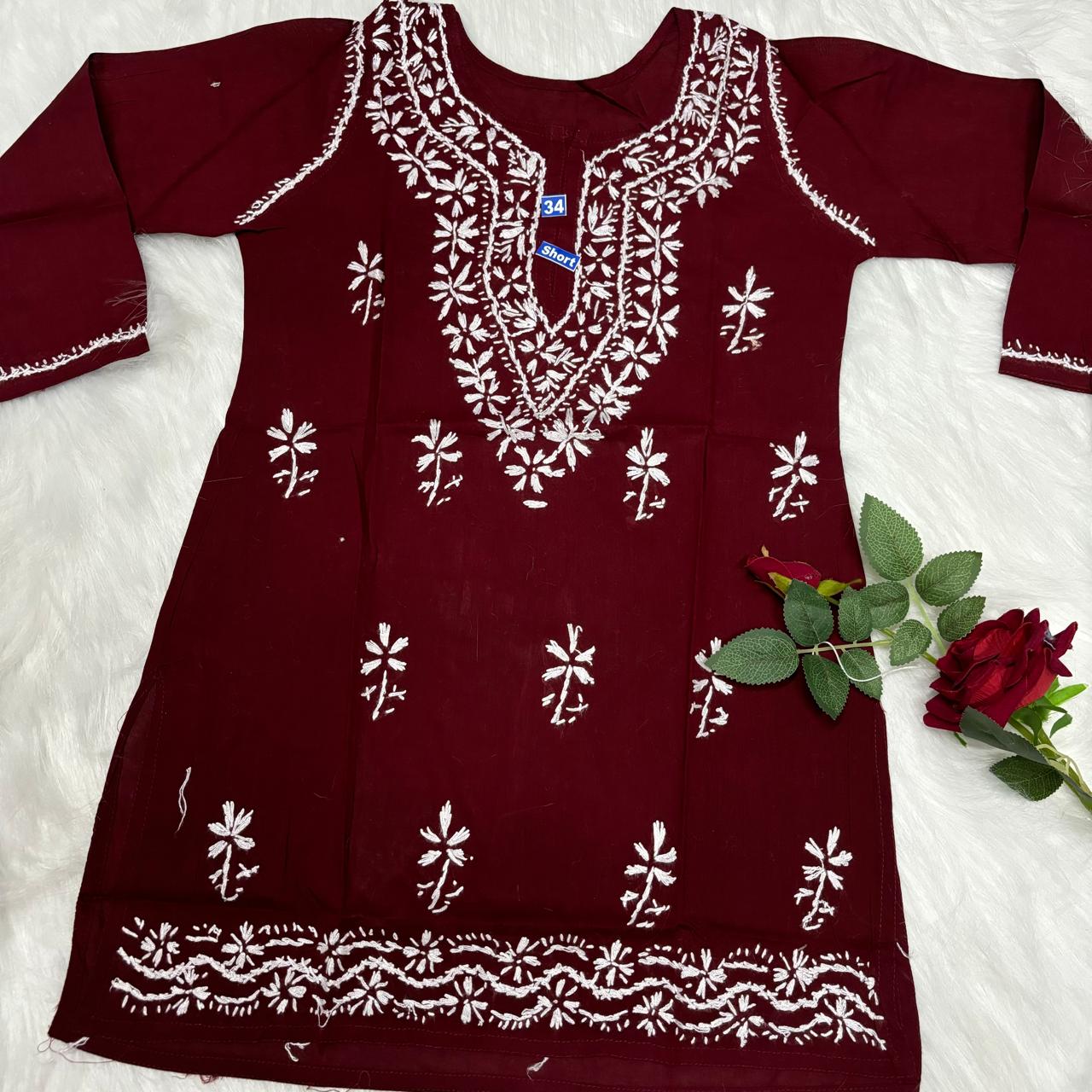 Ziya Pure Cotton Chikankari Short Top- Maroon Colour