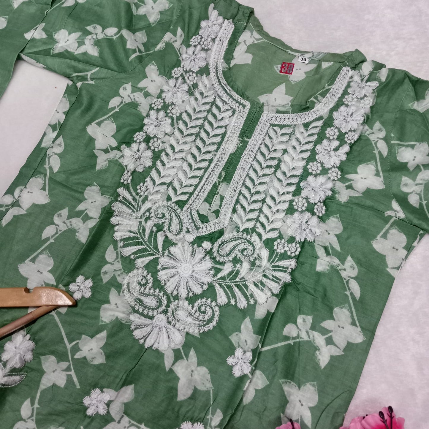 Mulmul Cotton Chikankari Machine Work Kurti - Dark Green Colour