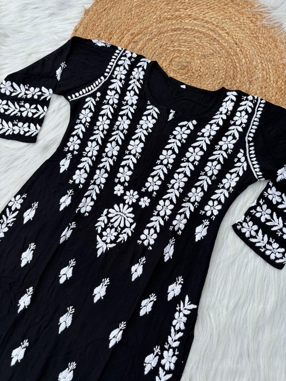 Zoobia Soft Rayon Handwork Chikankari Kurti - Black Colour