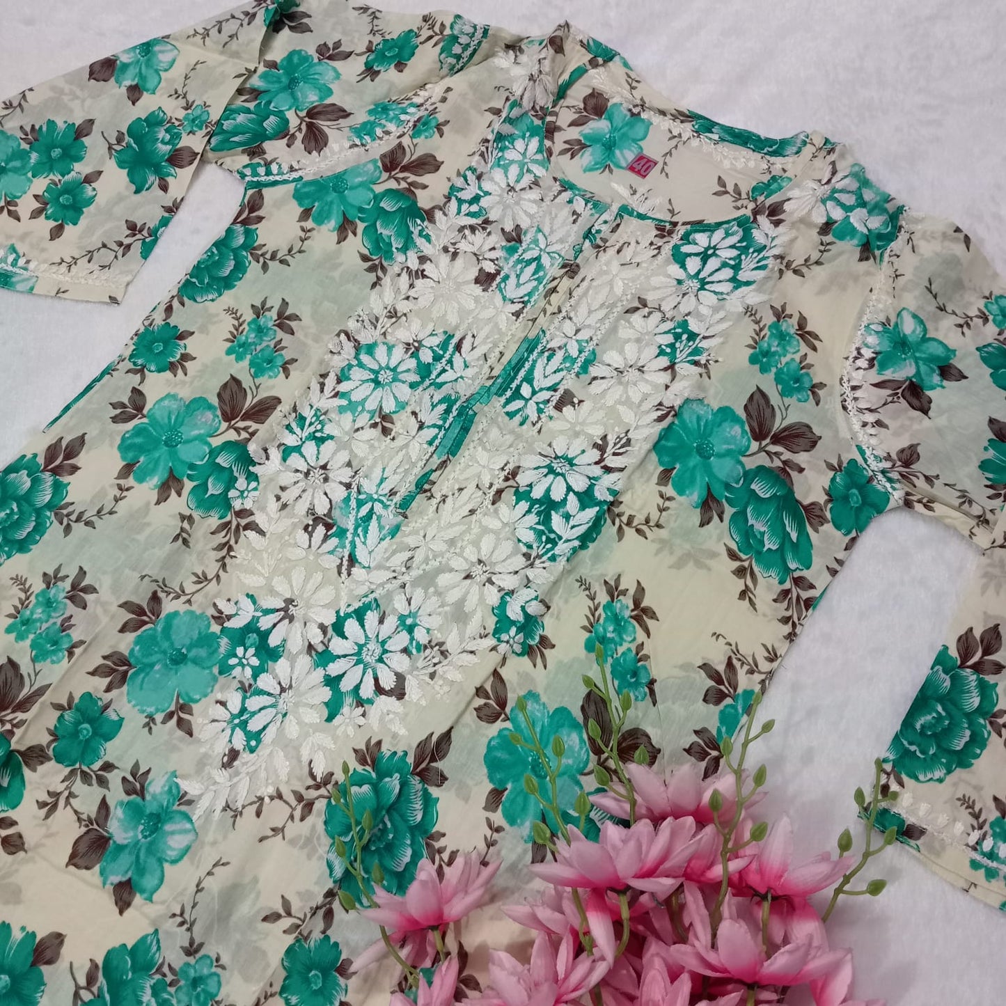 Pure Mulmul Cotton Chikankari Kurti With Floral Print -Sea Green Colour