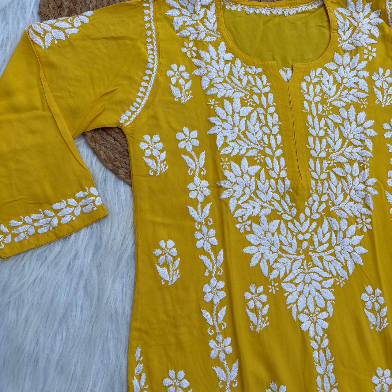 Samara Rayon Handwork Chikankari Kurti Plazo Set - Yellow Colour