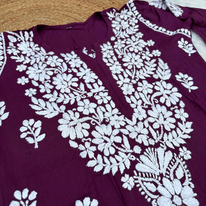 Maysa Soft Rayon Handwork Chikankari Kurti - Wine Colour