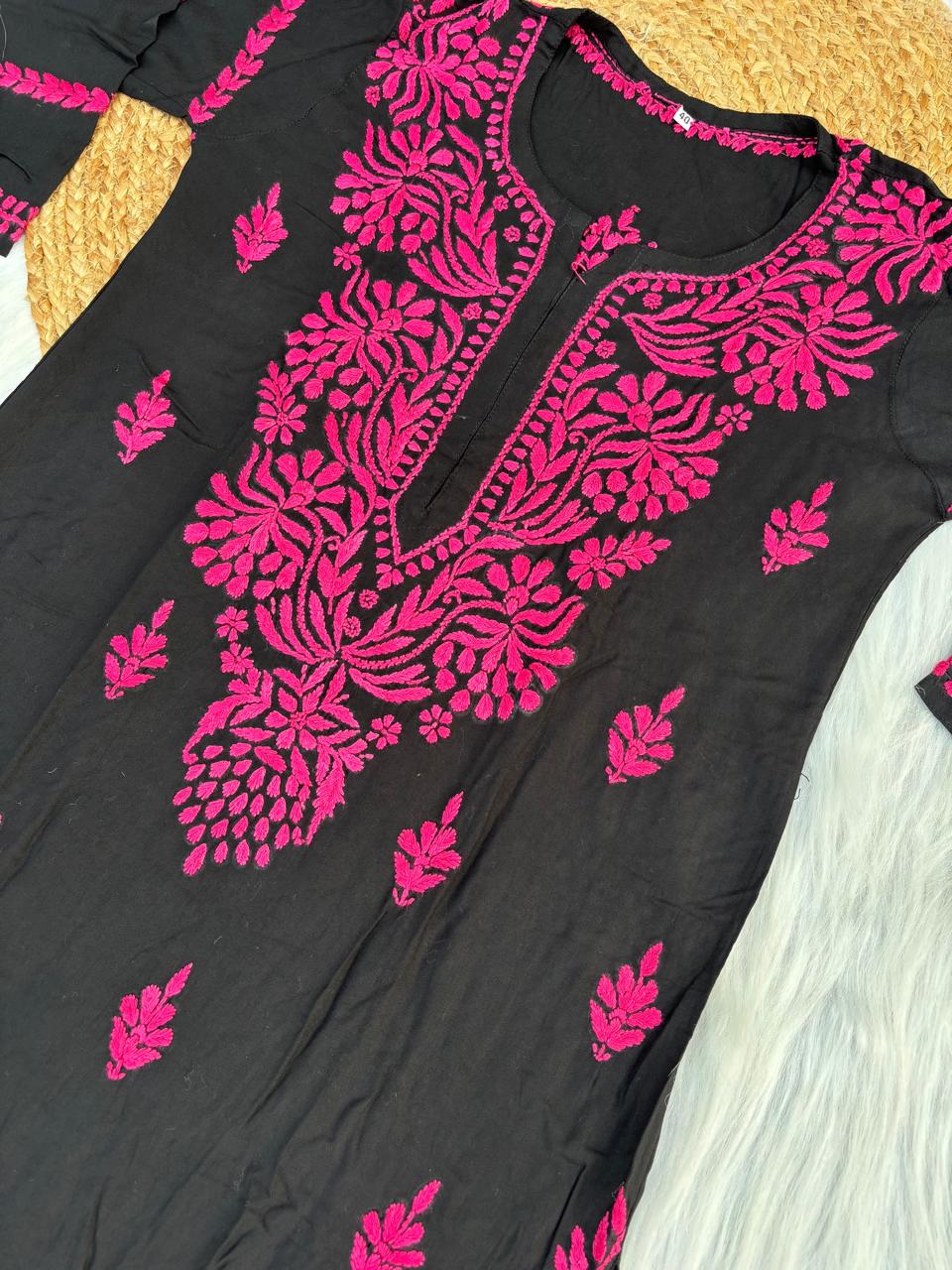 Shifa Soft Rayon Lucknowi Chikankari Kurti - Black Dark Pink Color