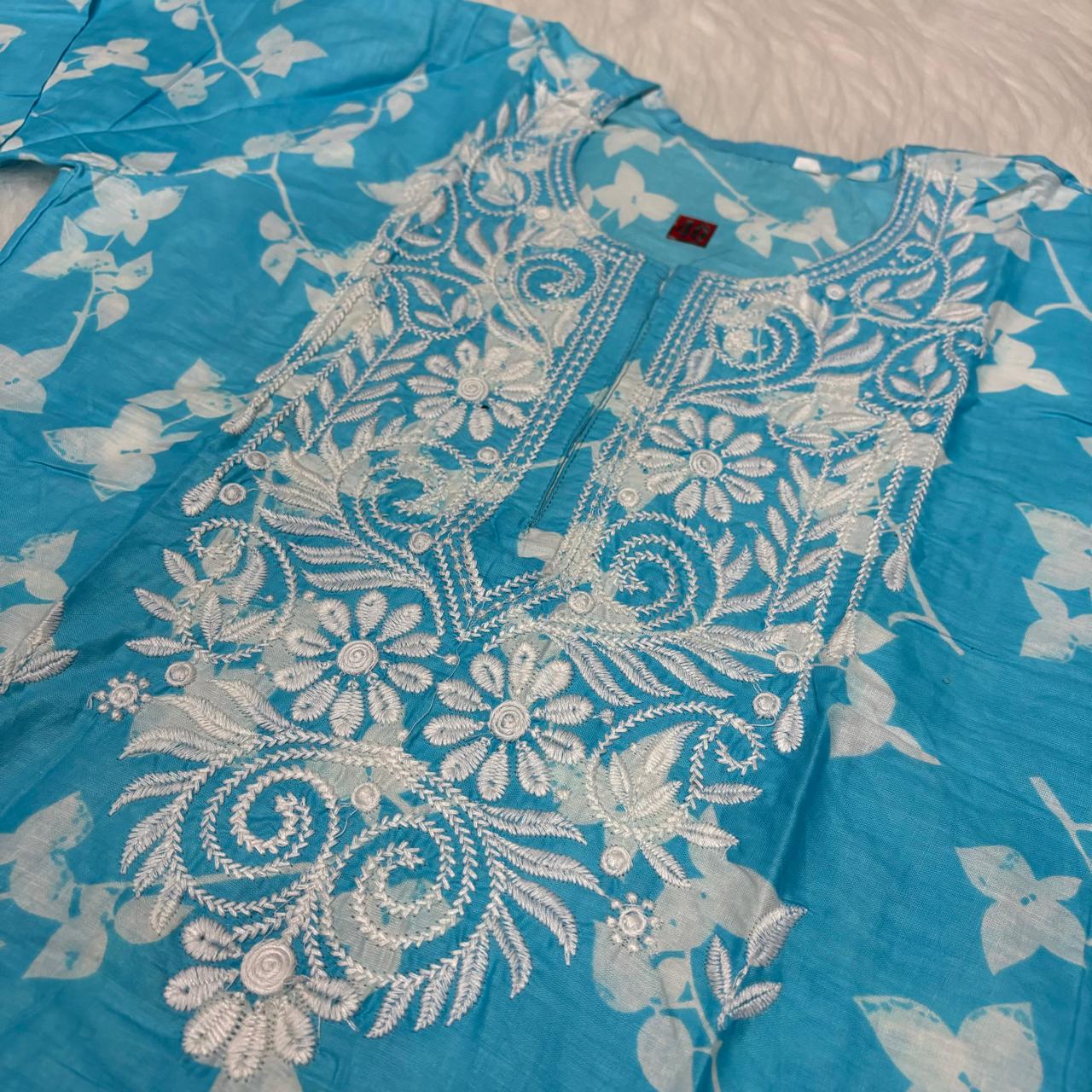 Mulmul Cotton Chikankari Machine Work Kurti - Sky Blue Colour