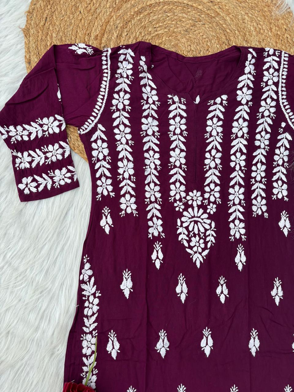 Zoobia Soft Rayon Handwork Chikankari Kurti - Wine Colour