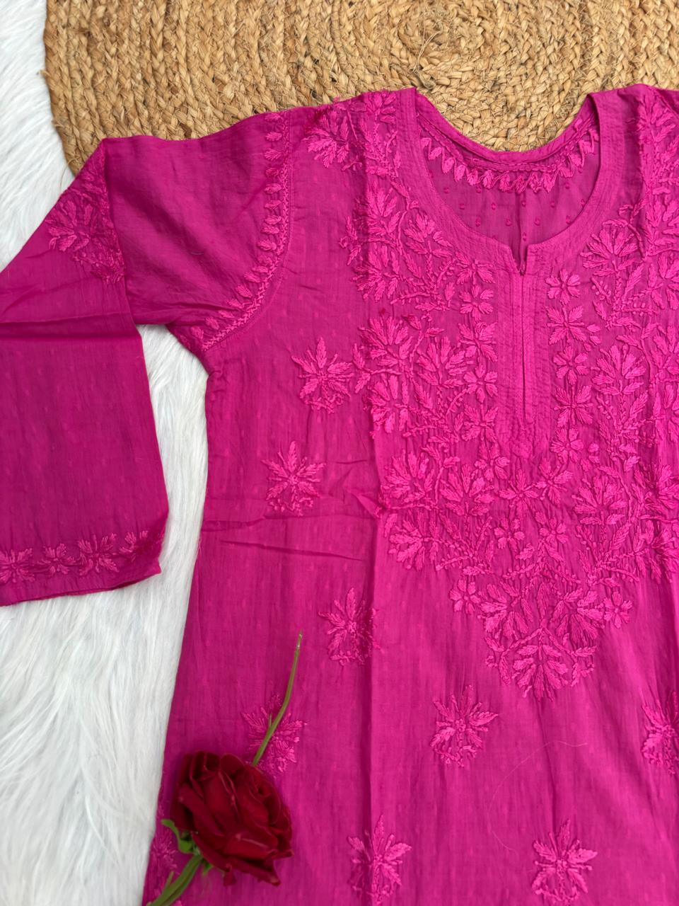Ziva Soft Dobby Cotton Lucknowi Handwork Chikankari Short Kurti - Rani Colour