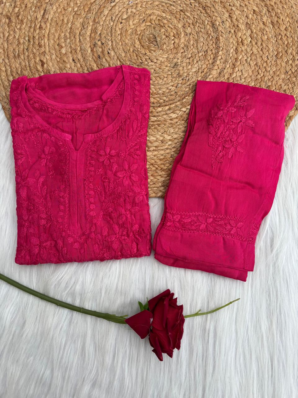 Nadia Muslin Lucknowi Chikankari Kurti Pant Set - Rani Color
