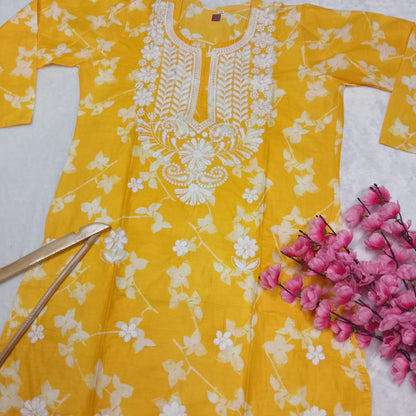 Mulmul Cotton Chikankari Machine Work Kurti - Yellow Colour