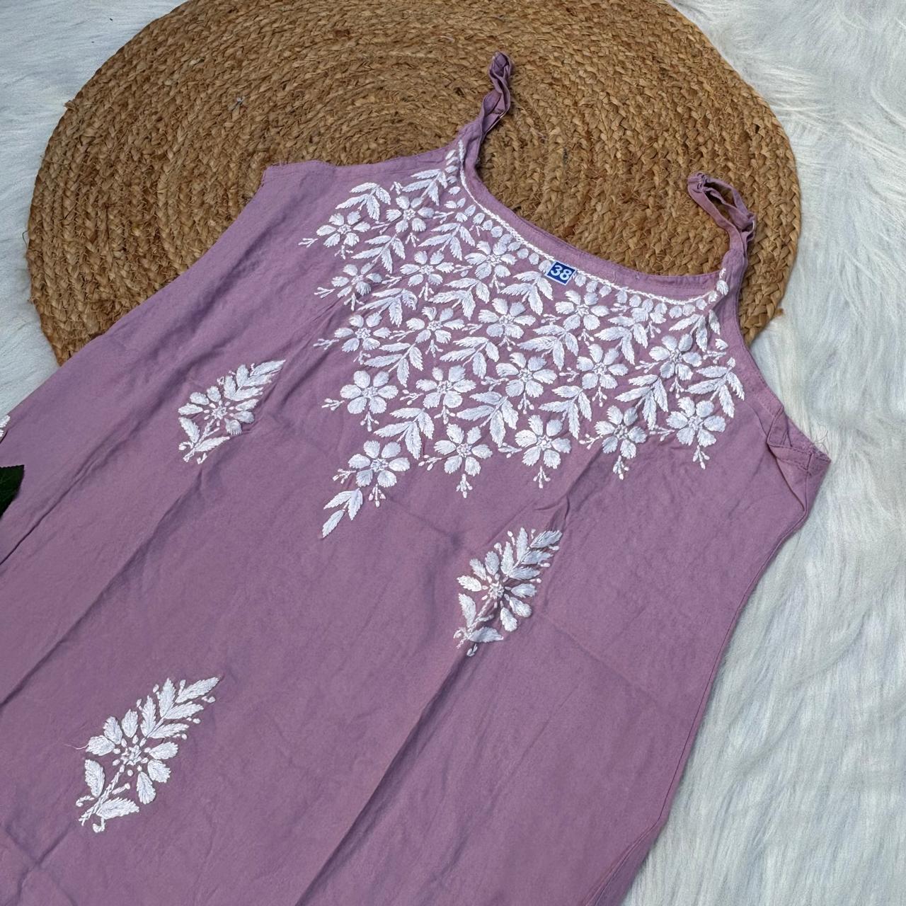 Safa Rayon Chikankari Noodle Strap Short Kurti -  Mauve colour (Length - 38")