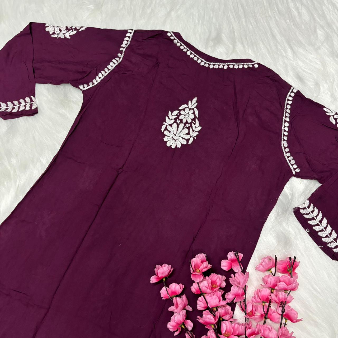 Avneet Kaur Inspired Modal Chikankari Kurti - Wine colour