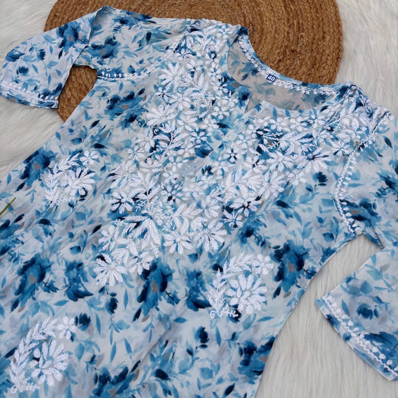 Amara Pure Mulmul Chikankari  Handwork Kurti -Blue Colour