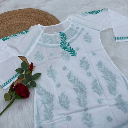 Alia Soft Rayon Chikankari Short Kurti - White Sea Green Color - Chikankaar