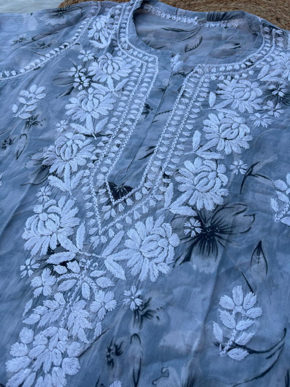 Shazia Mulmul Cotton Chikankari Kurti Set - Grey Colour