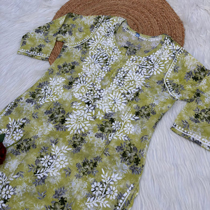 Fawziya Pure Mulmul Chikankari  Handwork Kurti - Pista Green Colour