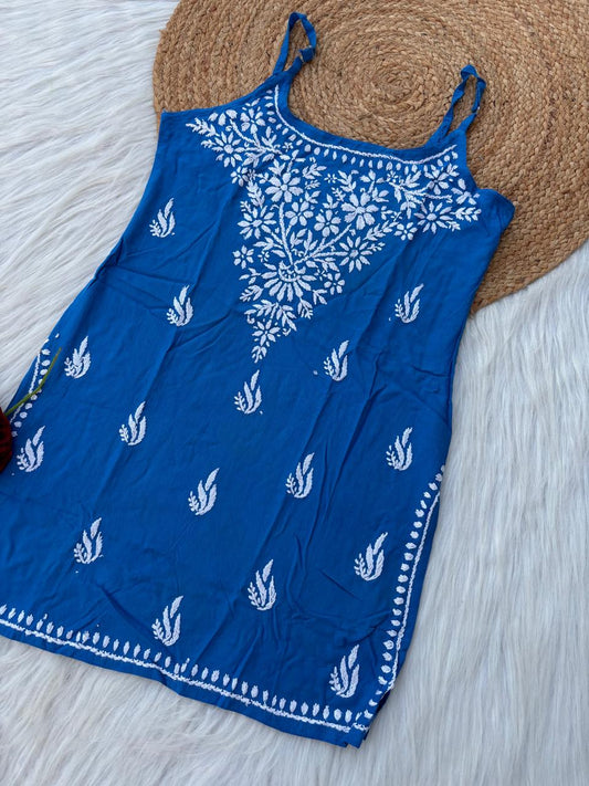 Ayla Rayon Handwork Chikankari Noodle Strap Short Kurti - Blue Colour