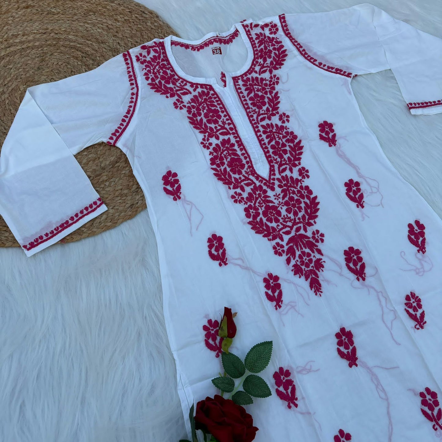 Shazana Pure Cotton Chikankari Kurti - Rani Colour