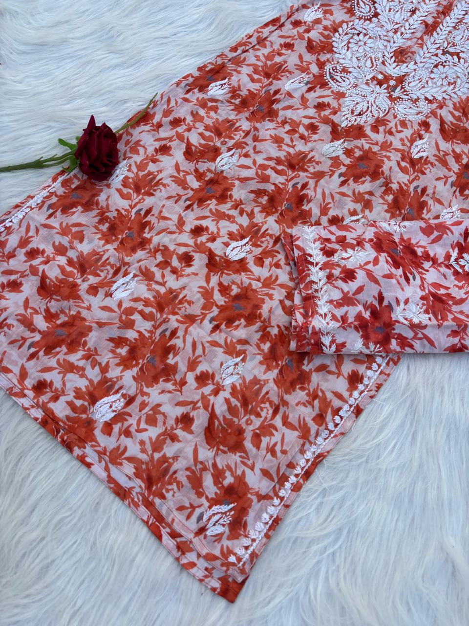 Hadaya Mulmul Cotton Chikankari Kurti Set - Orange Colour