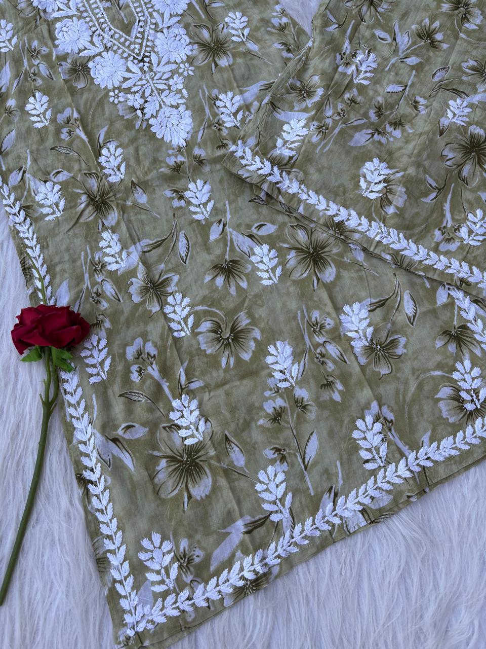 Shazia Mulmul Cotton Chikankari Kurti Set - Dark Green Colour