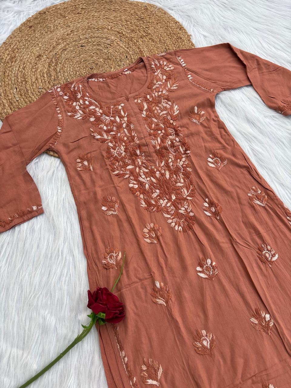 Roohi Rayon Tone To Tone Lucknowi Handwork Chikankari Kurti - Brown Color