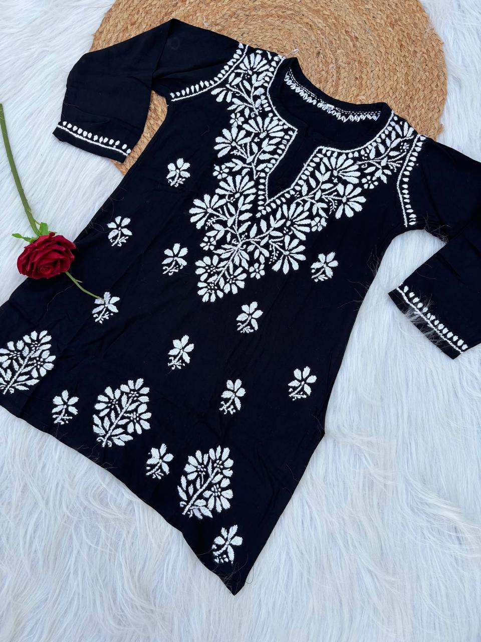 Ina Soft Rayon Handwork Chikankari Short Kurti - Black Colour