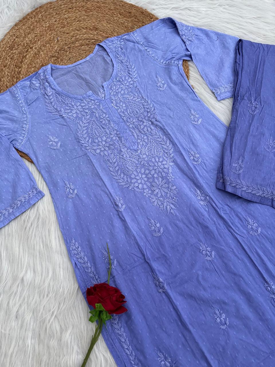 Nuha Dobby cotton Ombre shaded Lucknowi Chikankari Kurti Plazo Set - Lavender Colour