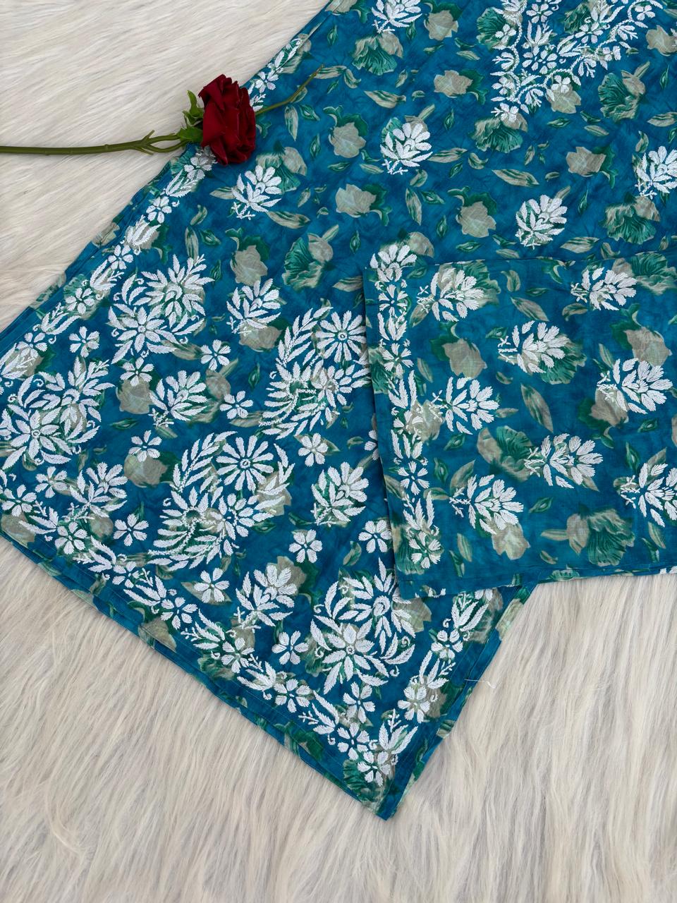 Elena Mulmul Cotton Handwork Chikankari Kurti Set - Blue Colour
