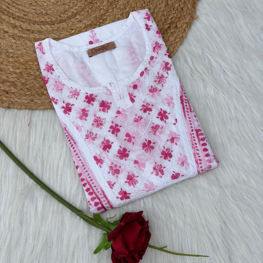 Zoya Cotton Lucknowi Chikankari Kurti - White Pink Color