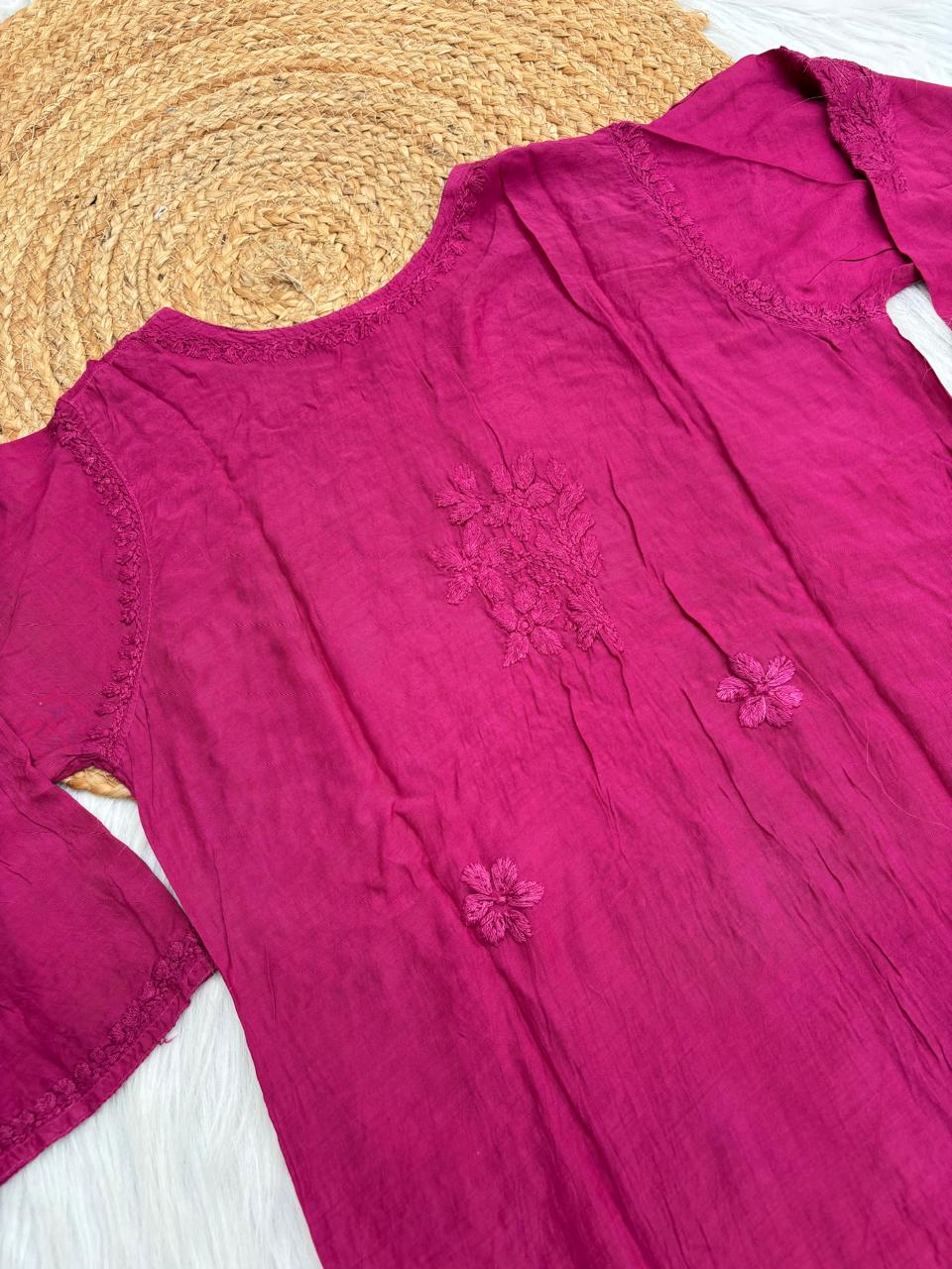 Nadia Muslin Lucknowi Chikankari Kurti Pant Set - Wine Color