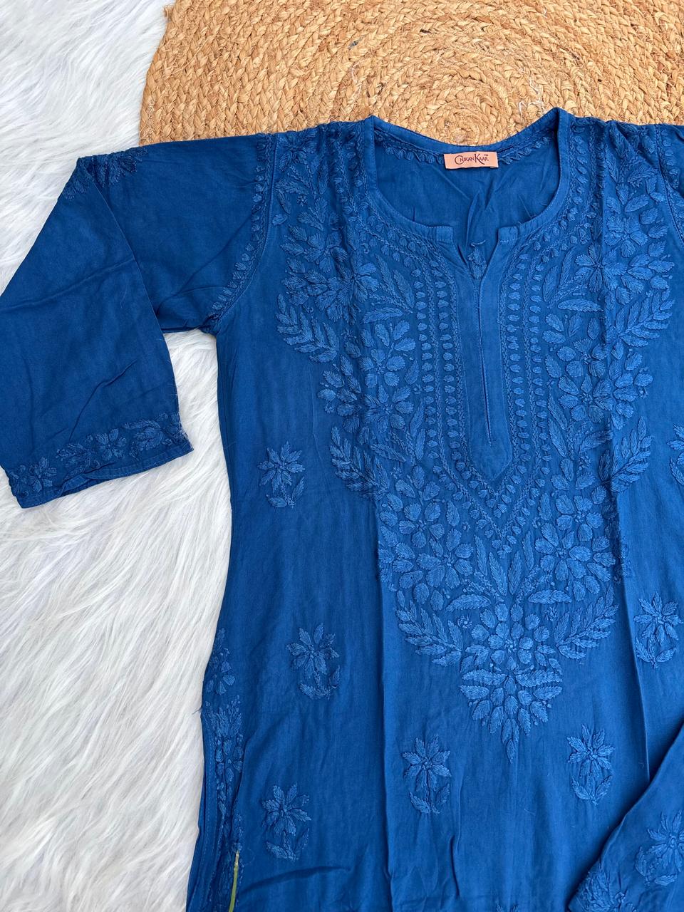 Azra Soft Rayon Dyeable Handwork Chikankari kurti Set - Blue Colour