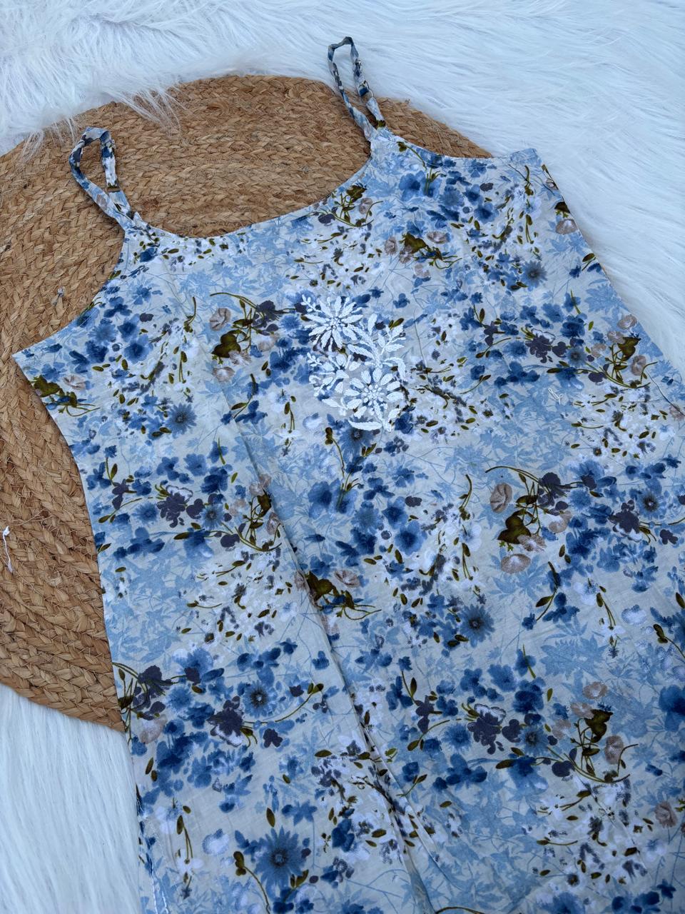 Hana Mulmul Chikankari Noodle Strap Short Kurti - Blue colour (Length - 38")