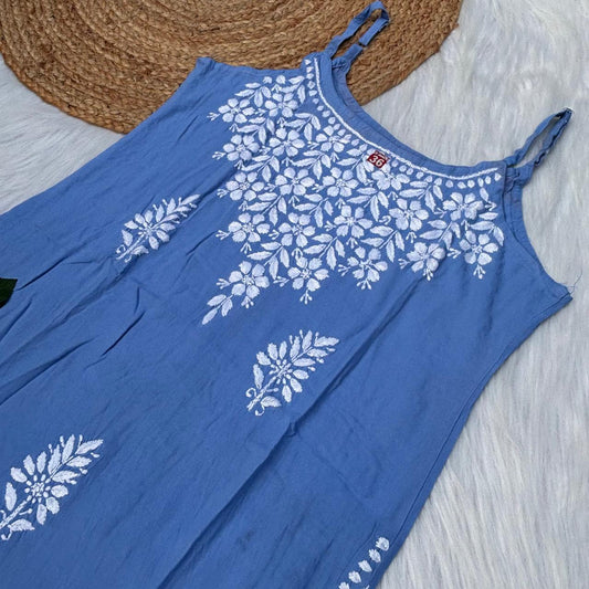 Safa Rayon Chikankari Noodle Strap Short Kurti -  Sky blue colour (Length - 38")