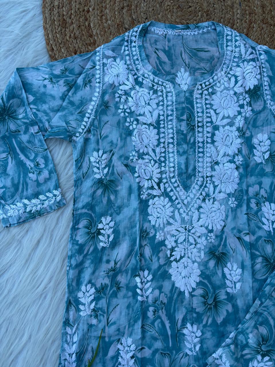 Shazia Mulmul Cotton Chikankari Kurti Set -Dark Grey Colour