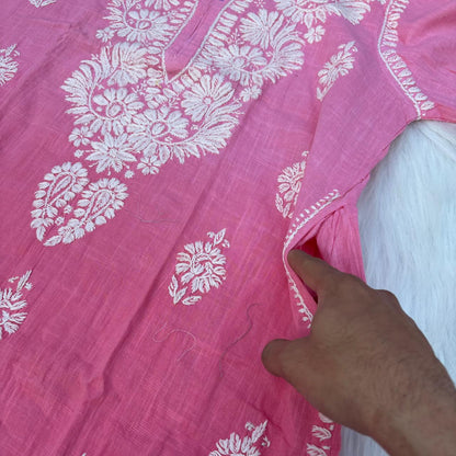 Isha Slub Cotton Chikankari Kurti - Peach color