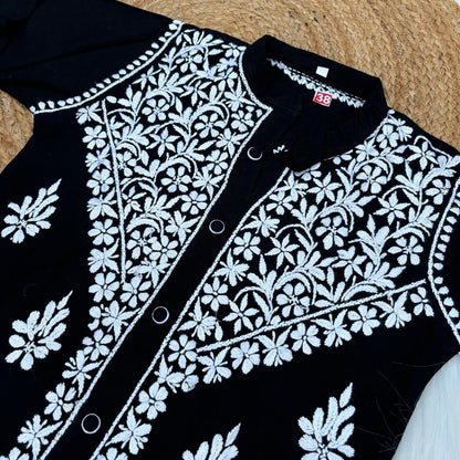 Rihana Rayon Chikankari Short Kurti Plazo Coord Set - Black colour - Chikankaar