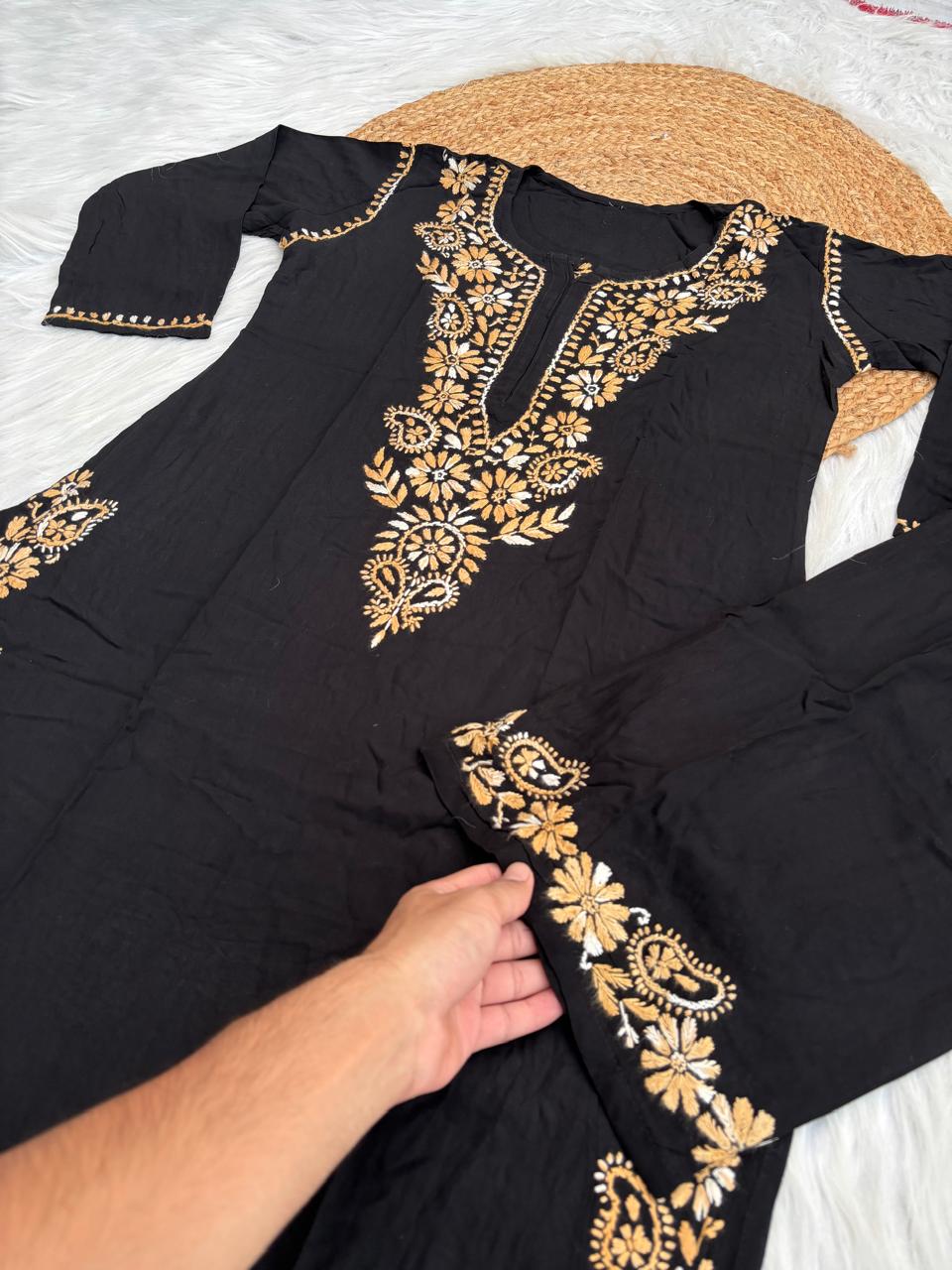 Lubna Rayon Handwork Chikankari Kurti Set- Mustard Colour