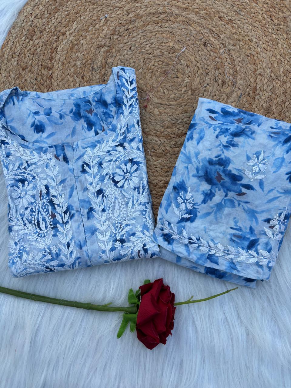 Hadaya Mulmul Cotton Chikankari Kurti Set - Blue Colour