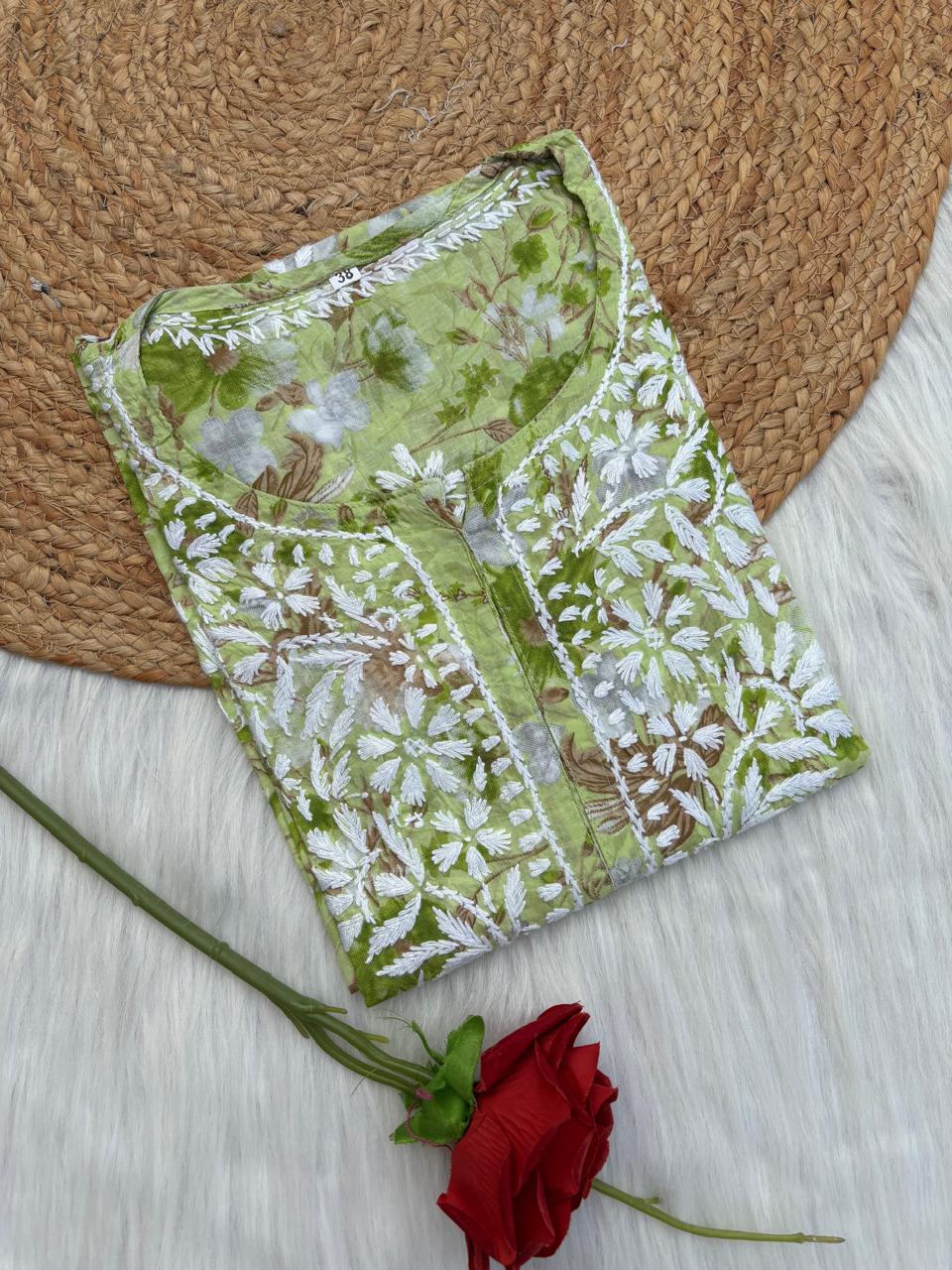 Alina Pure Mulmul Chikankari Handwork Kurti - Green Colour
