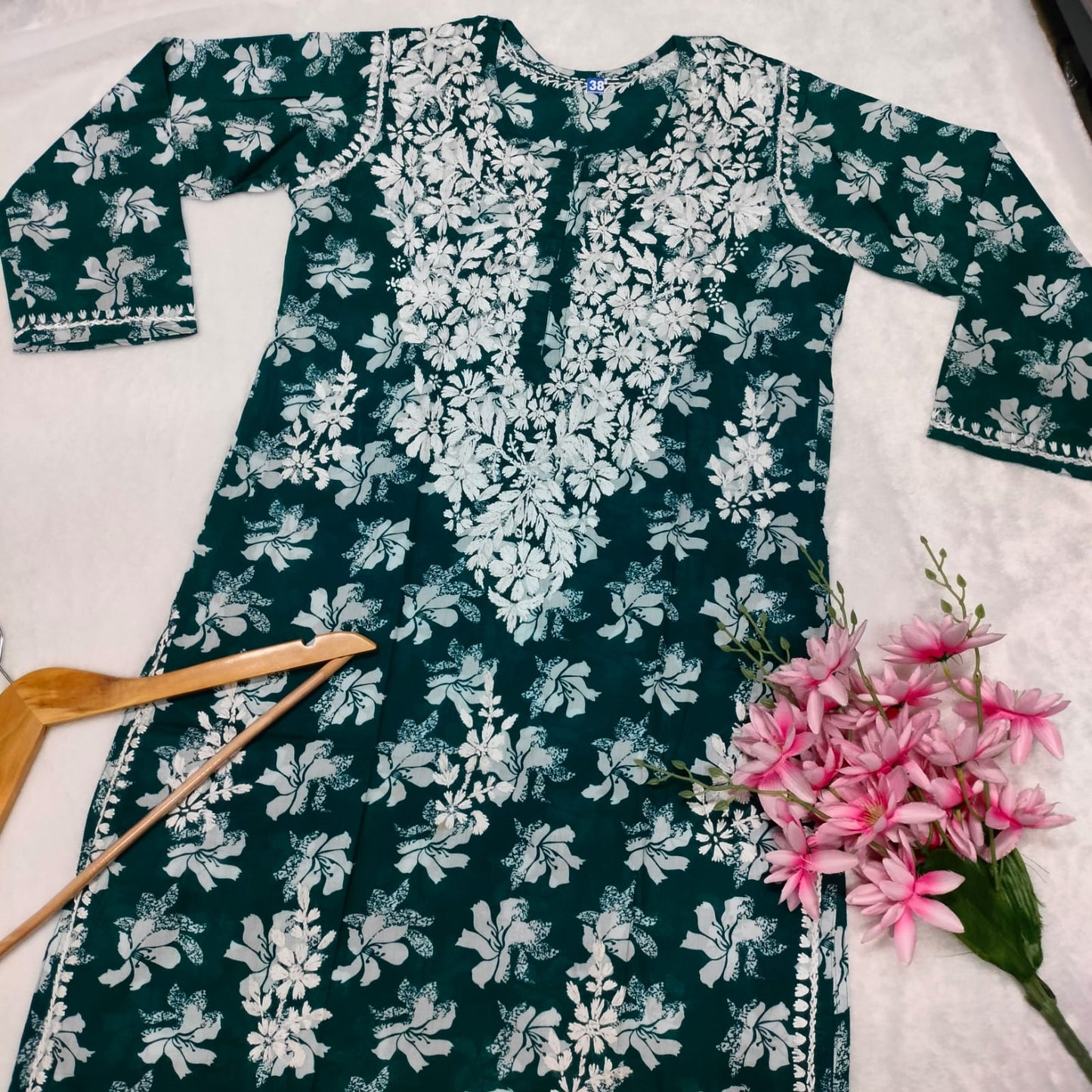 Suhana Khan Inspired Pure Mulmul Chikankari Kurti- Dark Green Colour