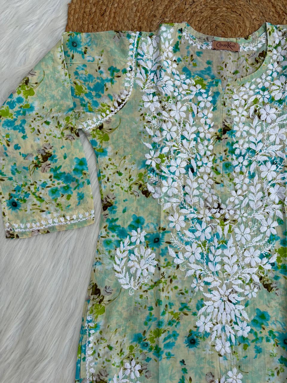 Fatima Pure Mulmul Chikankari  Handwork Kurti - Sea Green Colour