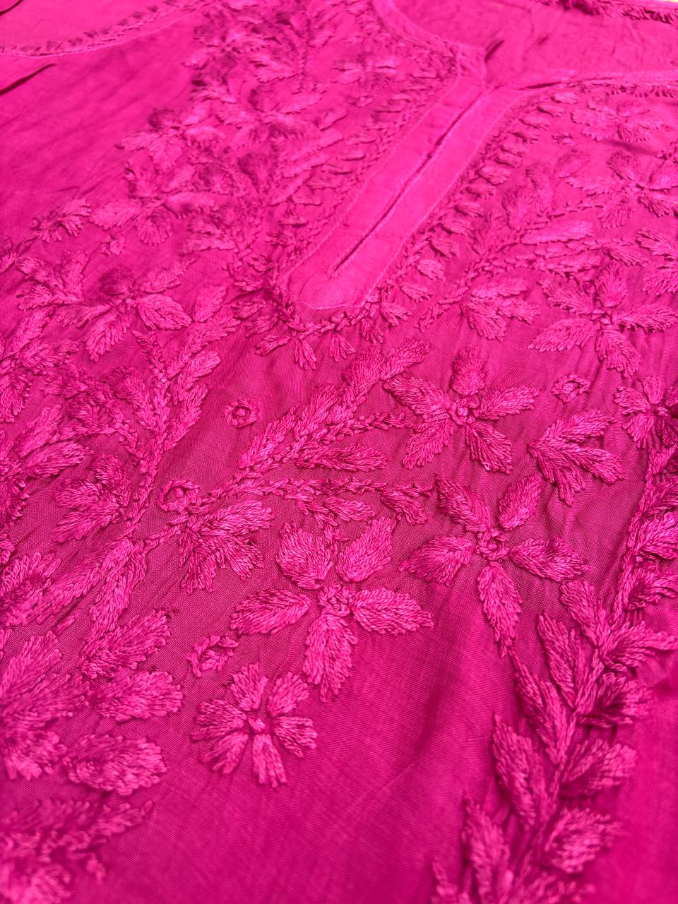 Nadia Muslin Lucknowi Chikankari Kurti Pant Set - Wine Color