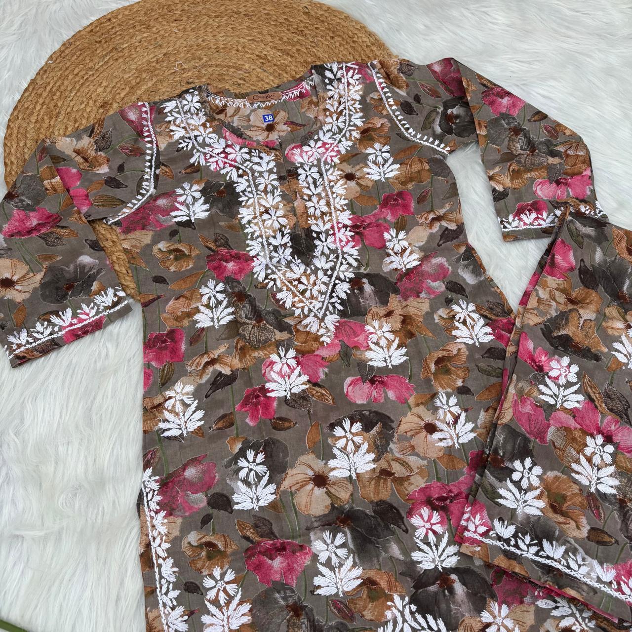 Jameela Mulmul Cotton Chikankari Kurti Set - Muted Brown Colour