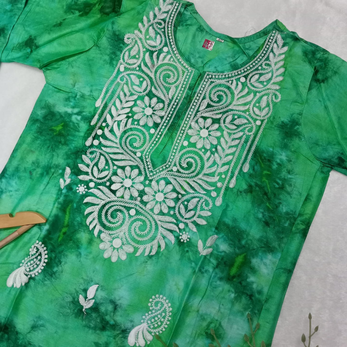 Rayon Tie & Dye Chikankari Machine Work Kurti -Sea Green Colour