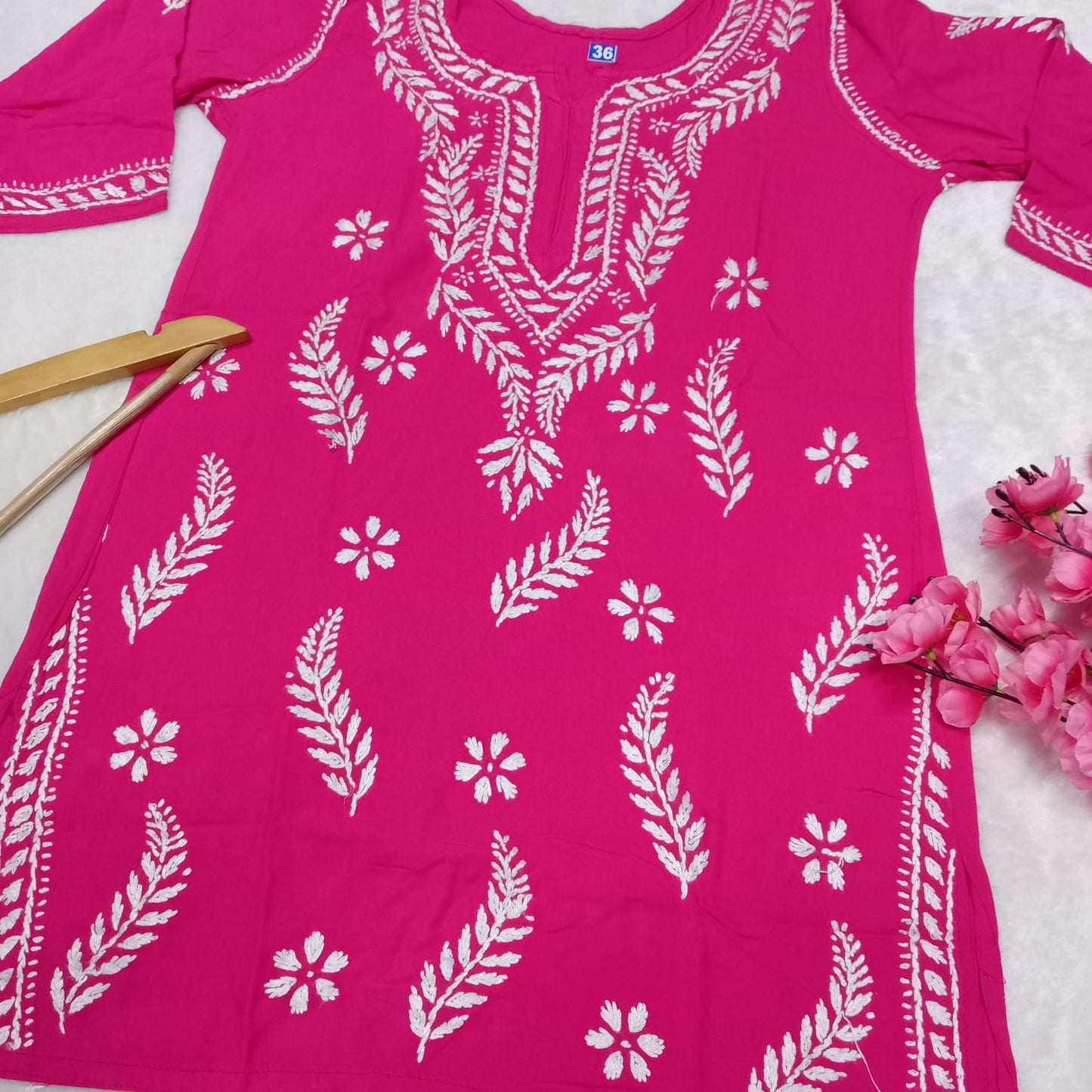 Inaya Rayon Chikankari Handwork Short Kurti -Rani colour