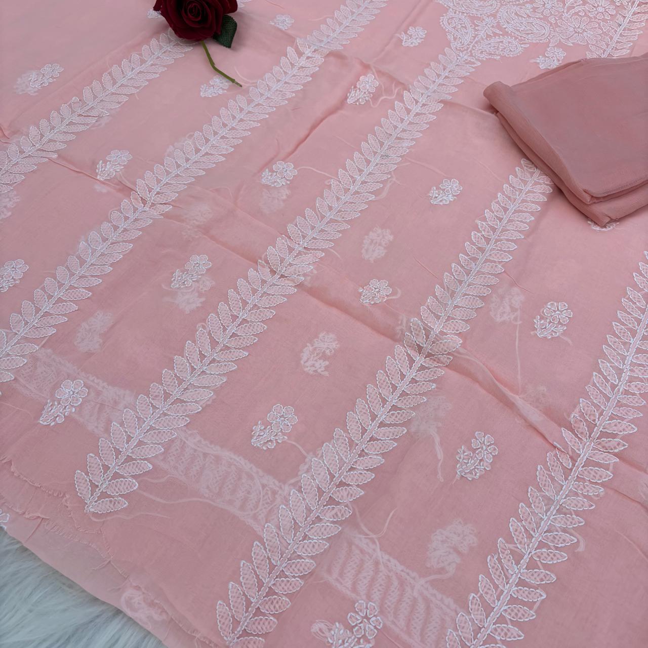 Madhuri Voile Cotton Chikankari Unstitched 3 pc set - Skin Colour