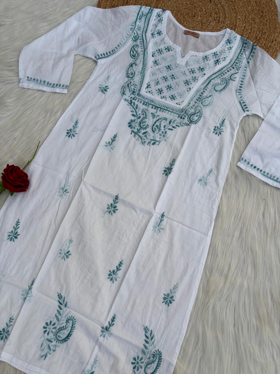 Zoya Cotton Lucknowi Handwork Chikankari Kurti - White Teal green Colour